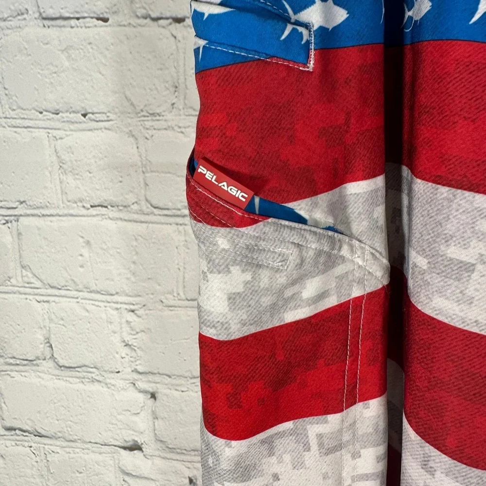 Pelagic Mens Sharkskin Boardshorts American Flag Fish Camo Blue Red White 40